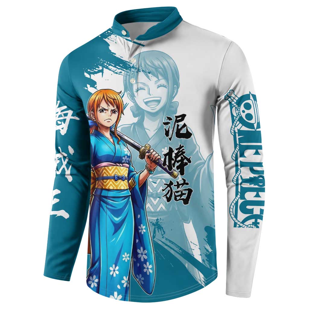 Wano Navigator Nami Button Sweatshirt Floral Kimono Anime Brush Art