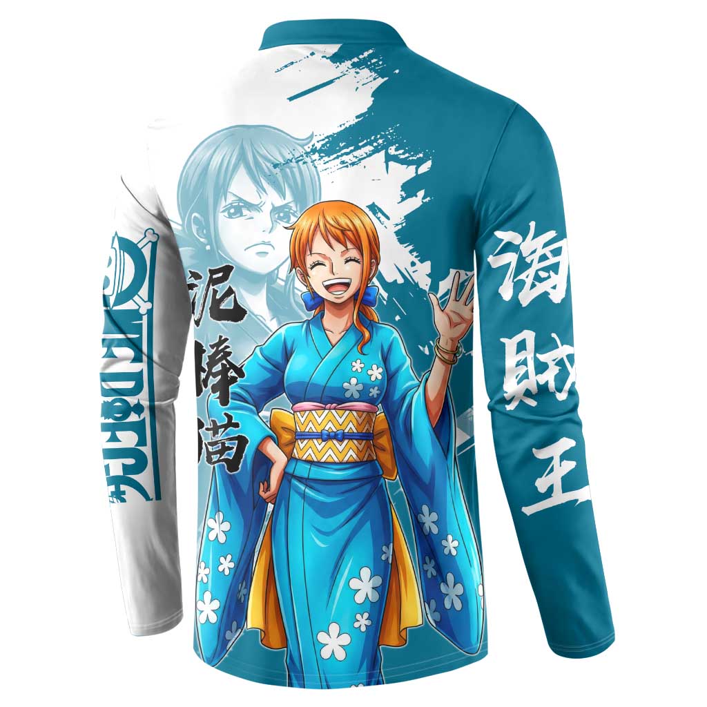 Wano Navigator Nami Button Sweatshirt Floral Kimono Anime Brush Art