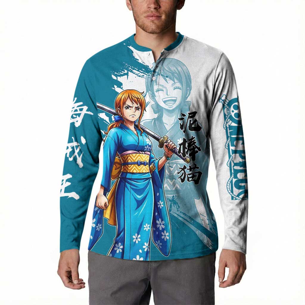 Wano Navigator Nami Button Sweatshirt Floral Kimono Anime Brush Art