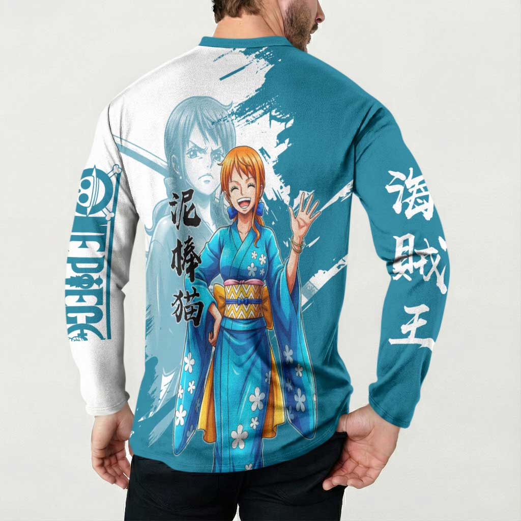 Wano Navigator Nami Button Sweatshirt Floral Kimono Anime Brush Art