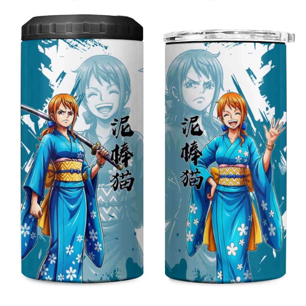 Wano Navigator Nami 4 in 1 Can Cooler Tumbler Floral Kimono Anime Brush Art
