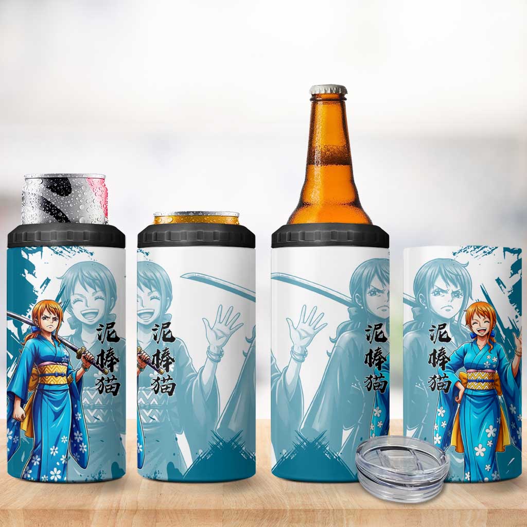 Wano Navigator Nami 4 in 1 Can Cooler Tumbler Floral Kimono Anime Brush Art