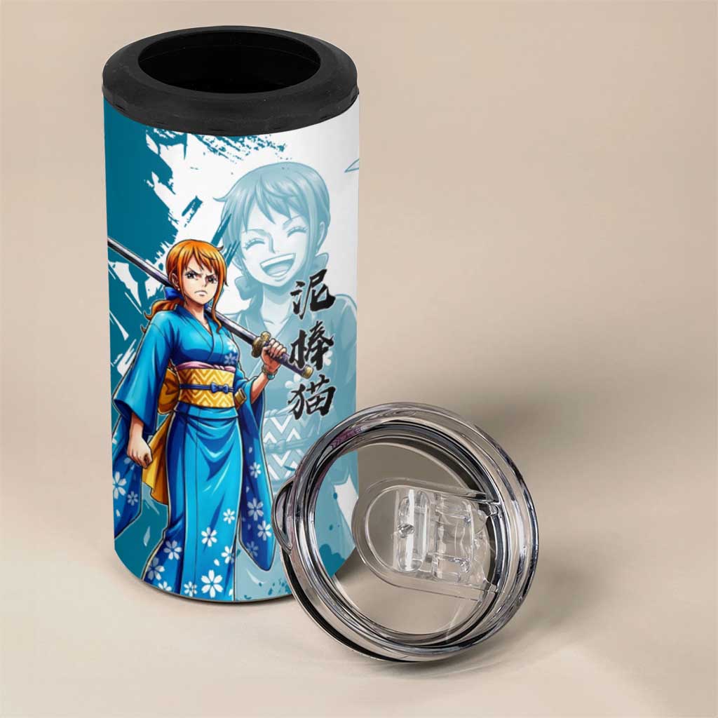 Wano Navigator Nami 4 in 1 Can Cooler Tumbler Floral Kimono Anime Brush Art