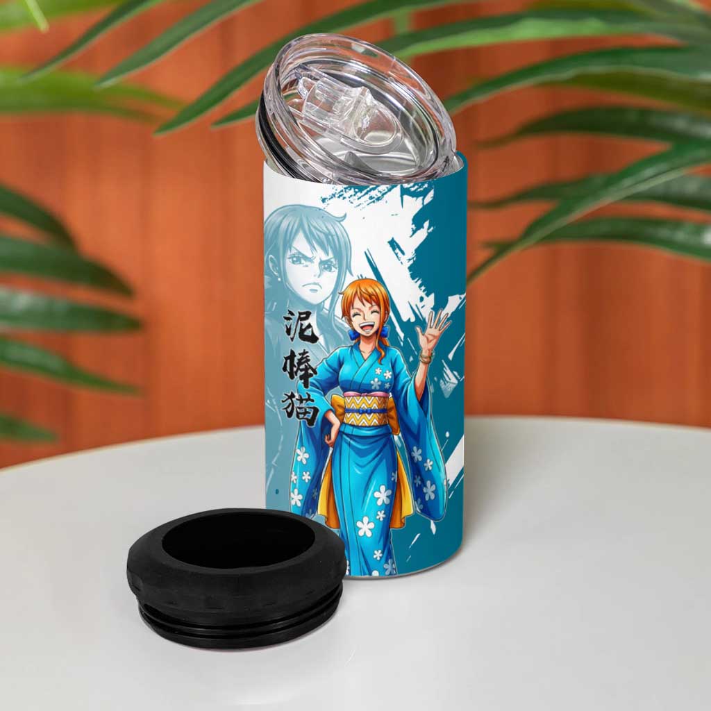 Wano Navigator Nami 4 in 1 Can Cooler Tumbler Floral Kimono Anime Brush Art
