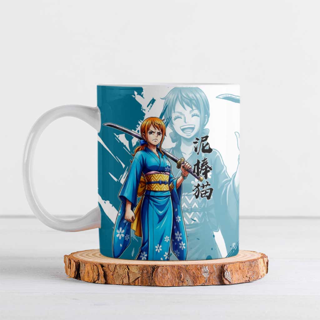 Wano Navigator Nami Ceramic Mug Floral Kimono Anime Brush Art