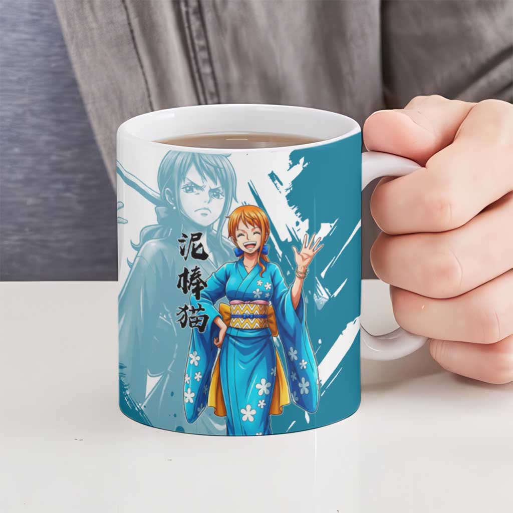 Wano Navigator Nami Ceramic Mug Floral Kimono Anime Brush Art