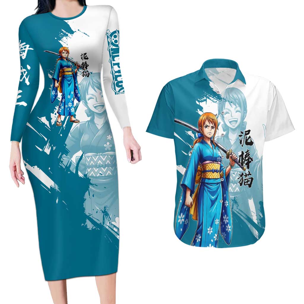 Wano Navigator Nami Couples Matching Long Sleeve Bodycon Dress and Hawaiian Shirt Floral Kimono Anime Brush Art
