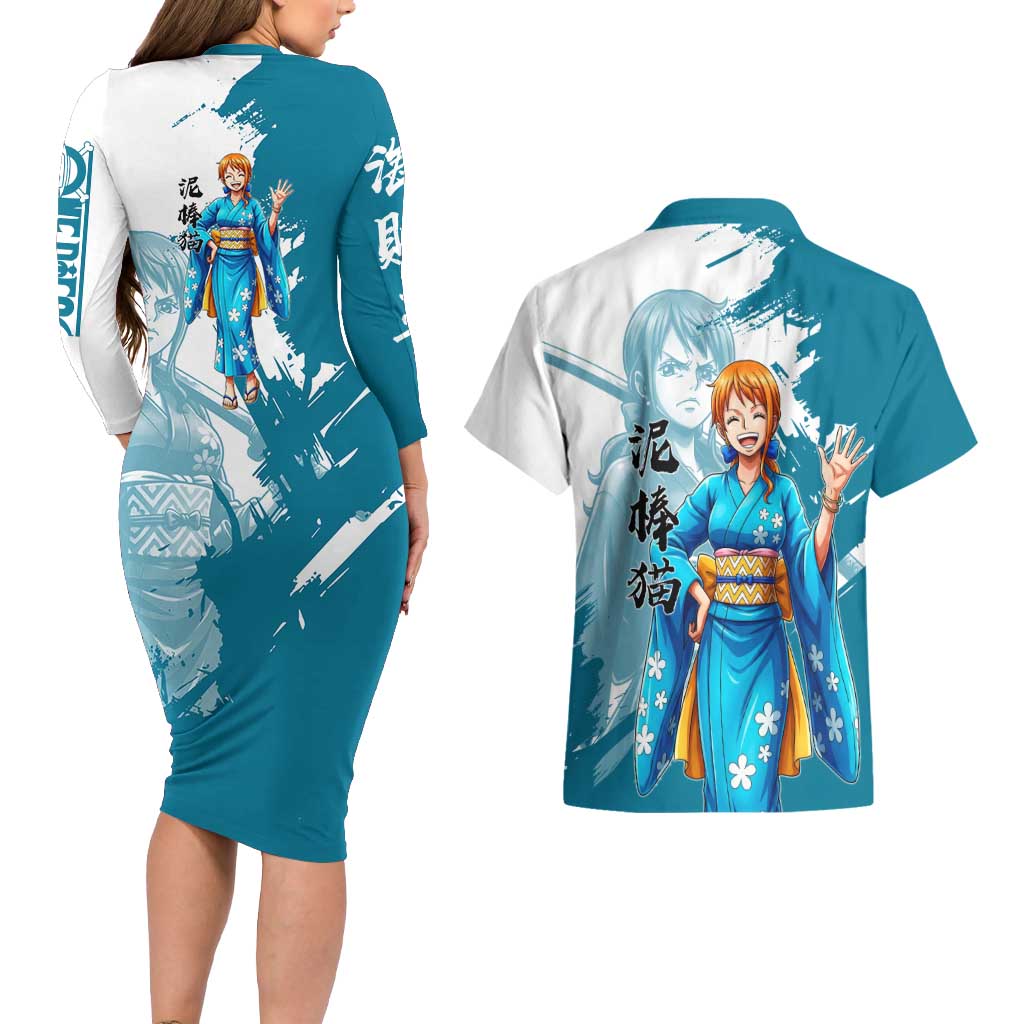 Wano Navigator Nami Couples Matching Long Sleeve Bodycon Dress and Hawaiian Shirt Floral Kimono Anime Brush Art