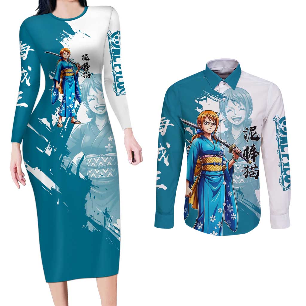 Wano Navigator Nami Couples Matching Long Sleeve Bodycon Dress and Long Sleeve Button Shirt Floral Kimono Anime Brush Art