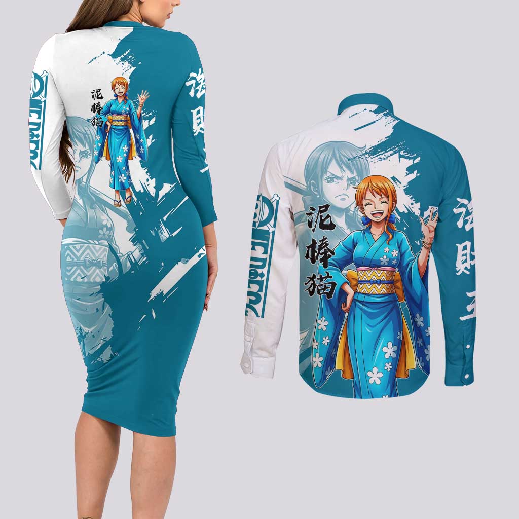Wano Navigator Nami Couples Matching Long Sleeve Bodycon Dress and Long Sleeve Button Shirt Floral Kimono Anime Brush Art