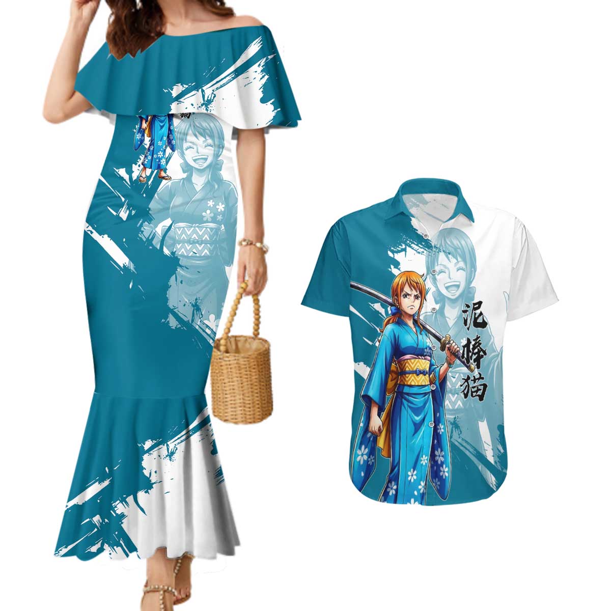 Wano Navigator Nami Couples Matching Mermaid Dress and Hawaiian Shirt Floral Kimono Anime Brush Art