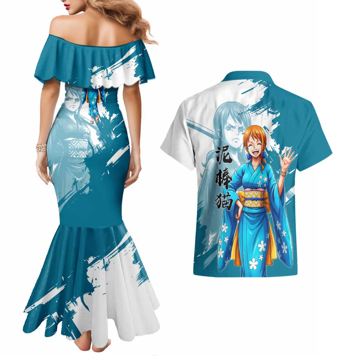 Wano Navigator Nami Couples Matching Mermaid Dress and Hawaiian Shirt Floral Kimono Anime Brush Art