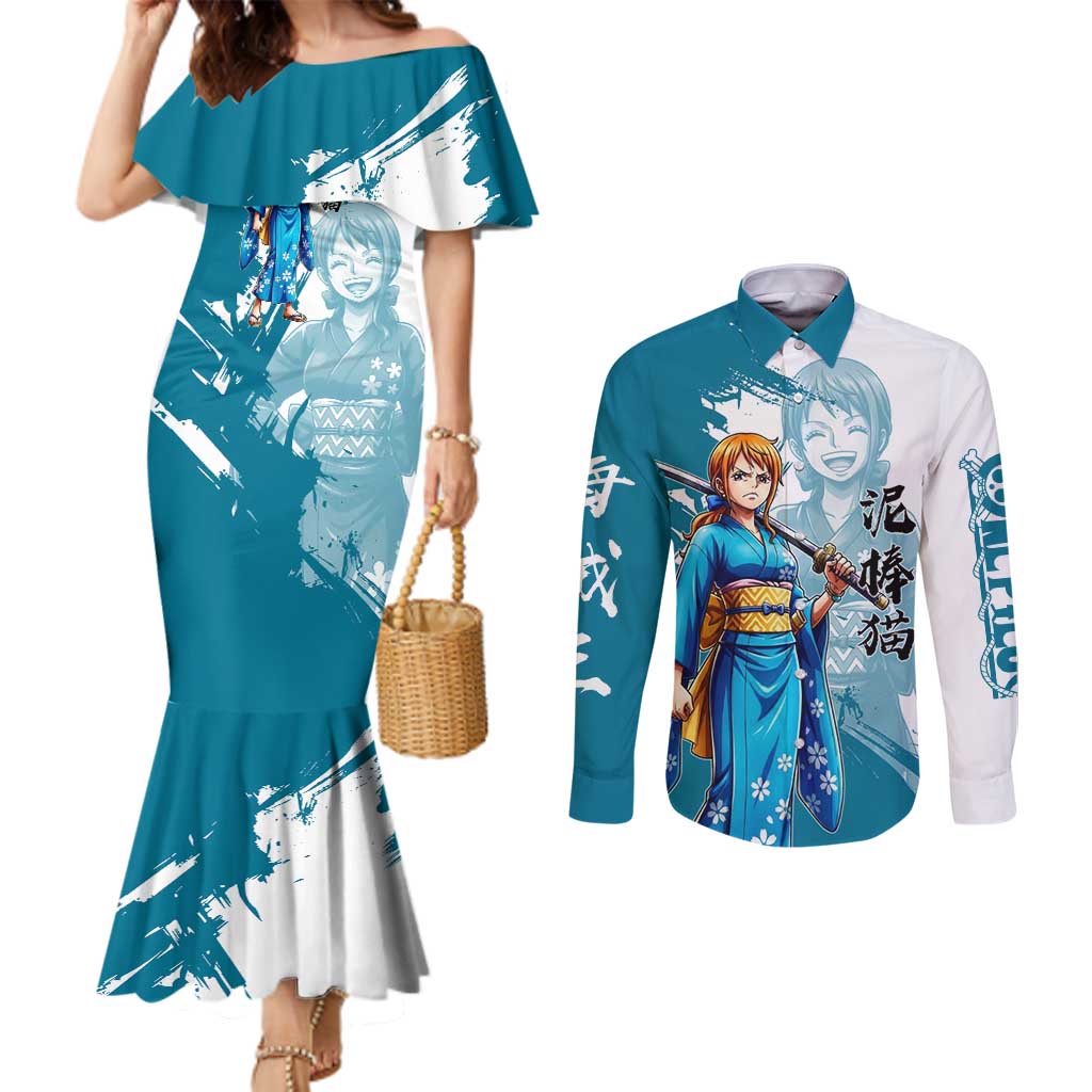 Wano Navigator Nami Couples Matching Mermaid Dress and Long Sleeve Button Shirt Floral Kimono Anime Brush Art