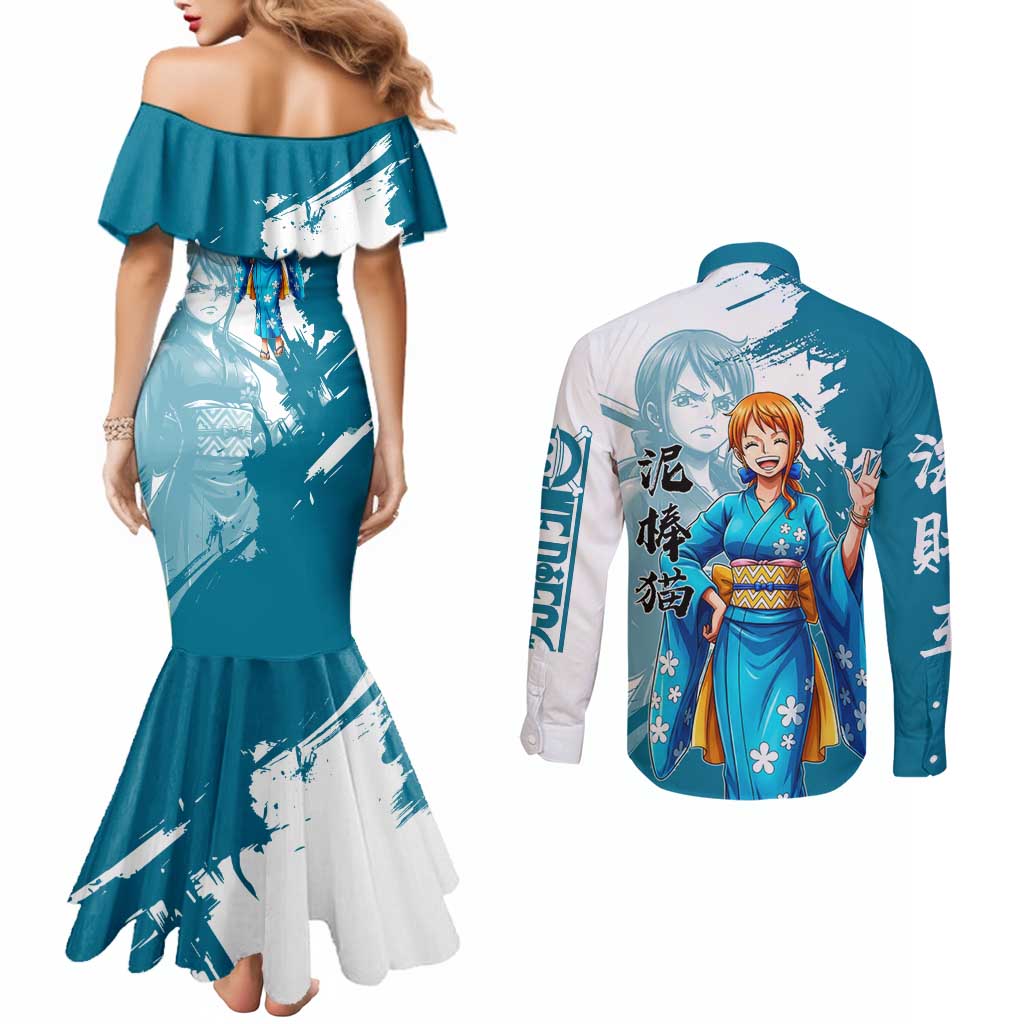 Wano Navigator Nami Couples Matching Mermaid Dress and Long Sleeve Button Shirt Floral Kimono Anime Brush Art