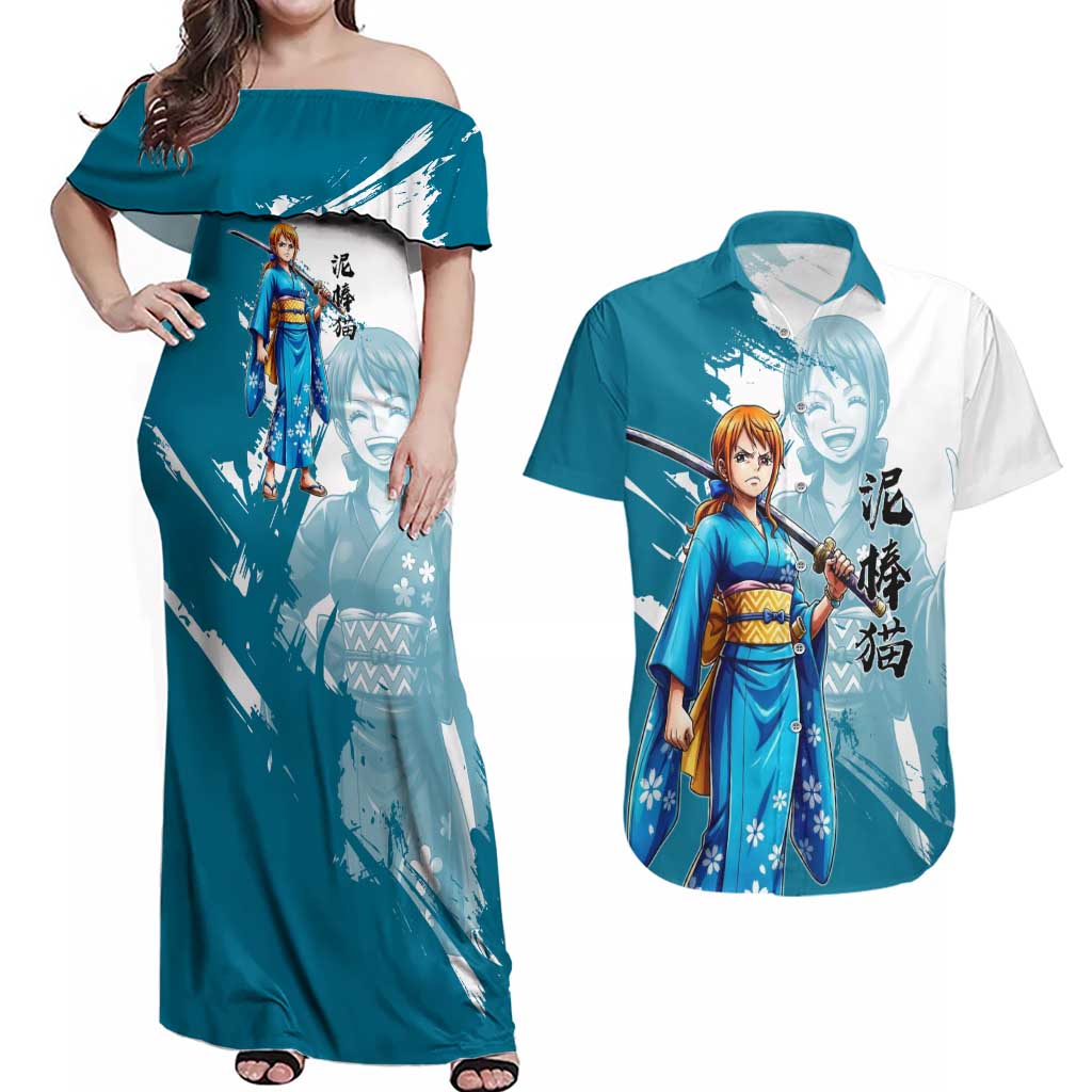 Wano Navigator Nami Couples Matching Off Shoulder Maxi Dress and Hawaiian Shirt Floral Kimono Anime Brush Art