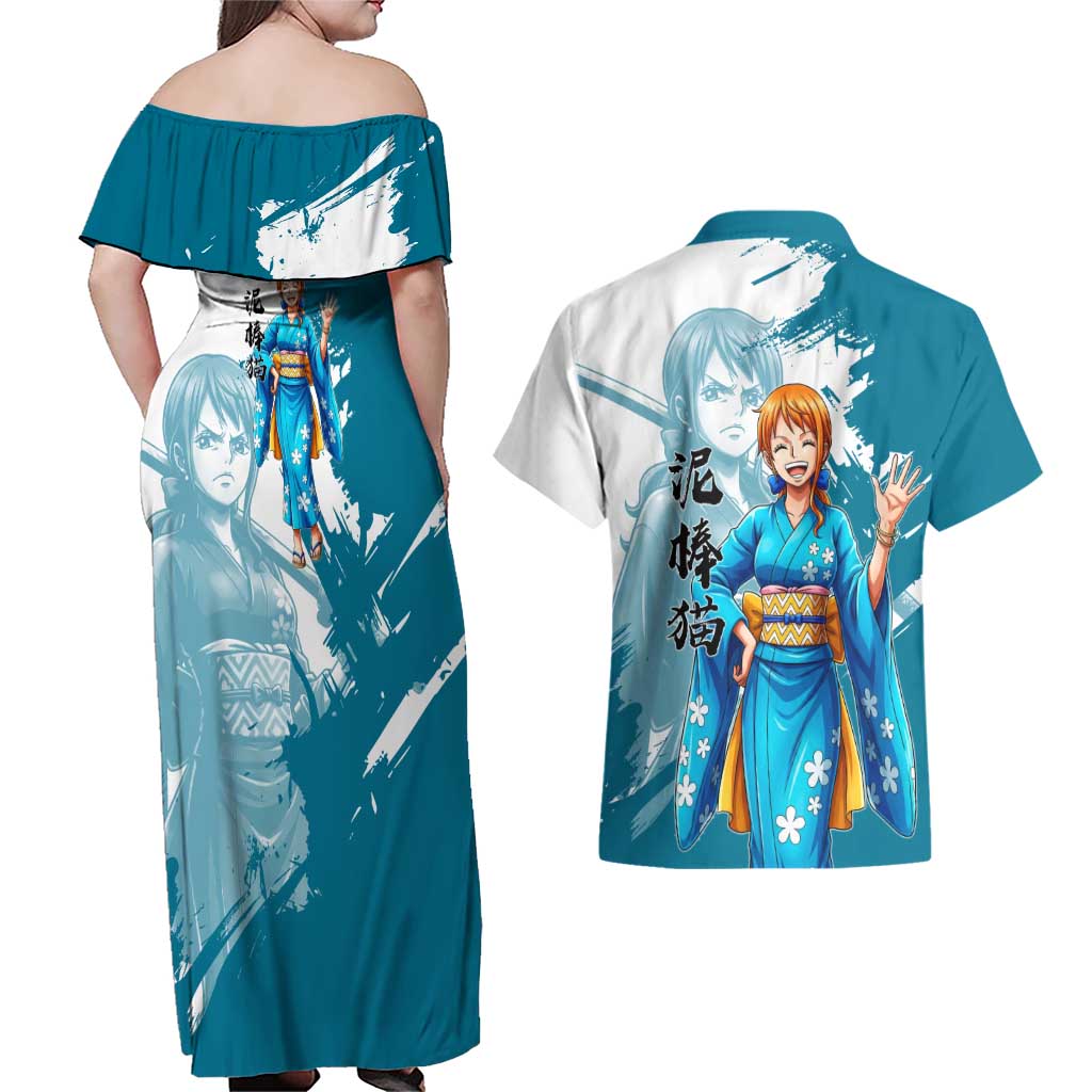 Wano Navigator Nami Couples Matching Off Shoulder Maxi Dress and Hawaiian Shirt Floral Kimono Anime Brush Art