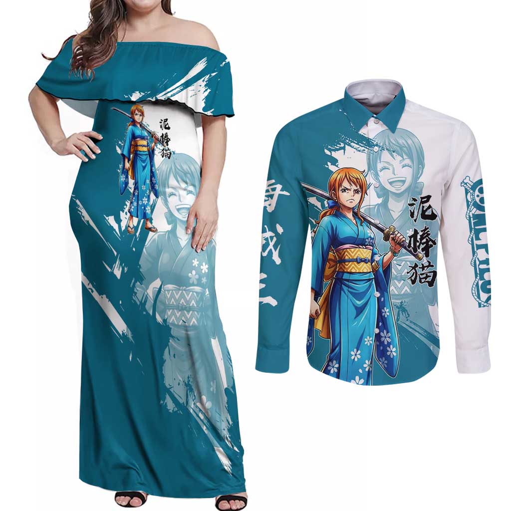 Wano Navigator Nami Couples Matching Off Shoulder Maxi Dress and Long Sleeve Button Shirt Floral Kimono Anime Brush Art