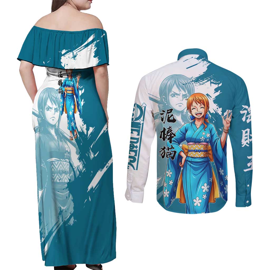 Wano Navigator Nami Couples Matching Off Shoulder Maxi Dress and Long Sleeve Button Shirt Floral Kimono Anime Brush Art
