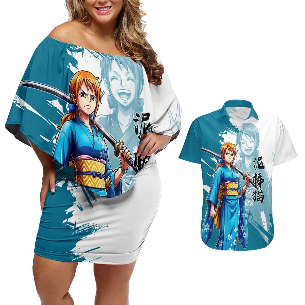 Wano Navigator Nami Couples Matching Off Shoulder Short Dress and Hawaiian Shirt Floral Kimono Anime Brush Art
