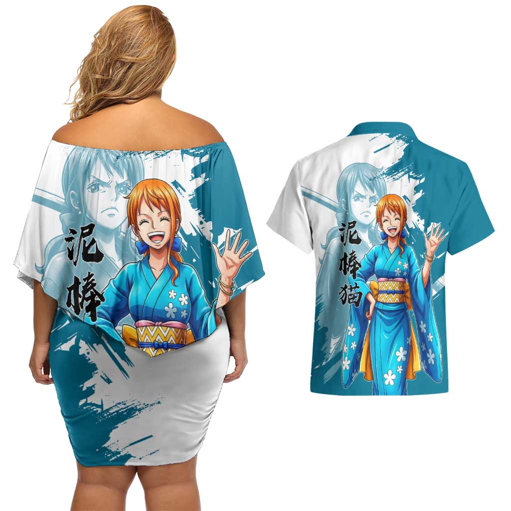 Wano Navigator Nami Couples Matching Off Shoulder Short Dress and Hawaiian Shirt Floral Kimono Anime Brush Art