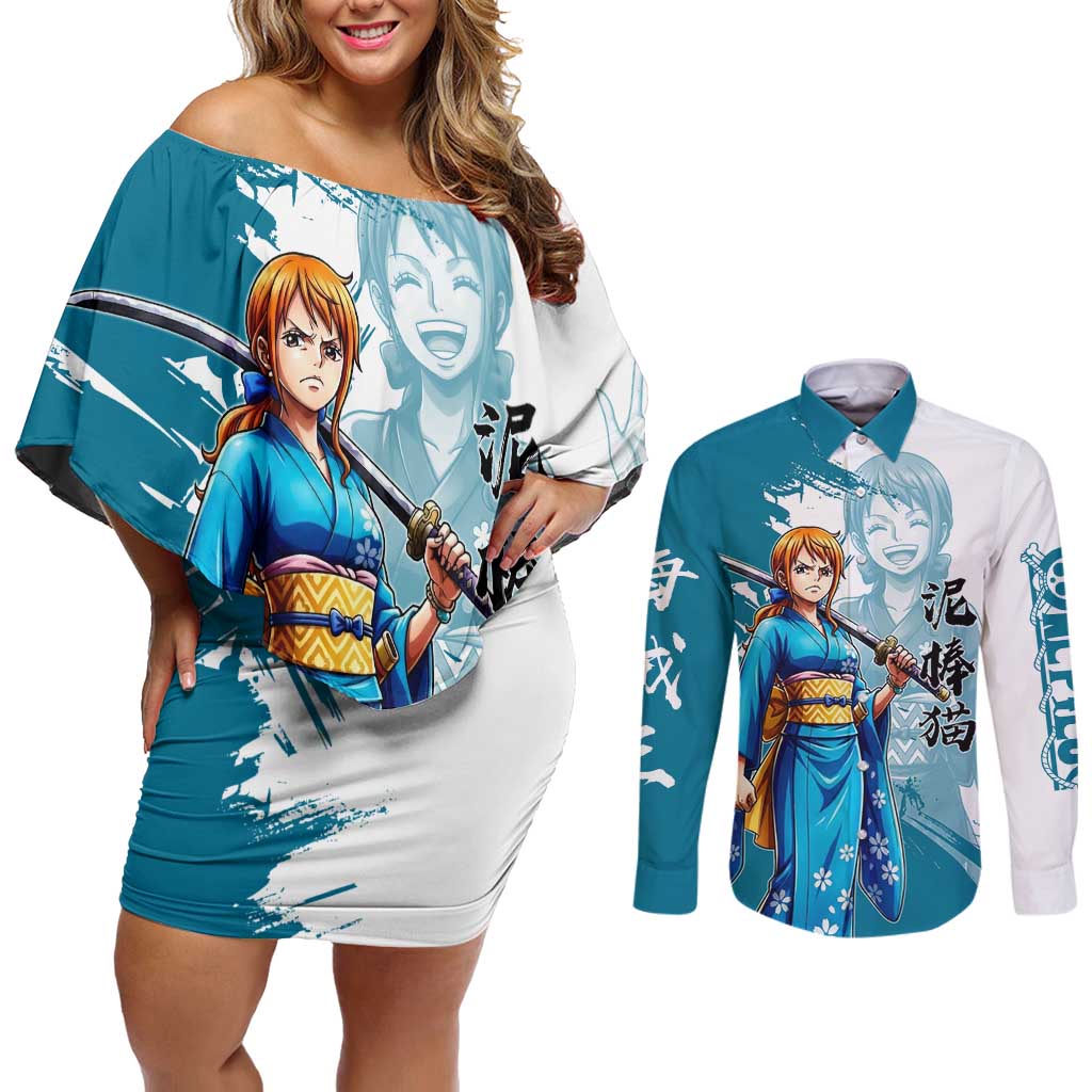 Wano Navigator Nami Couples Matching Off Shoulder Short Dress and Long Sleeve Button Shirt Floral Kimono Anime Brush Art