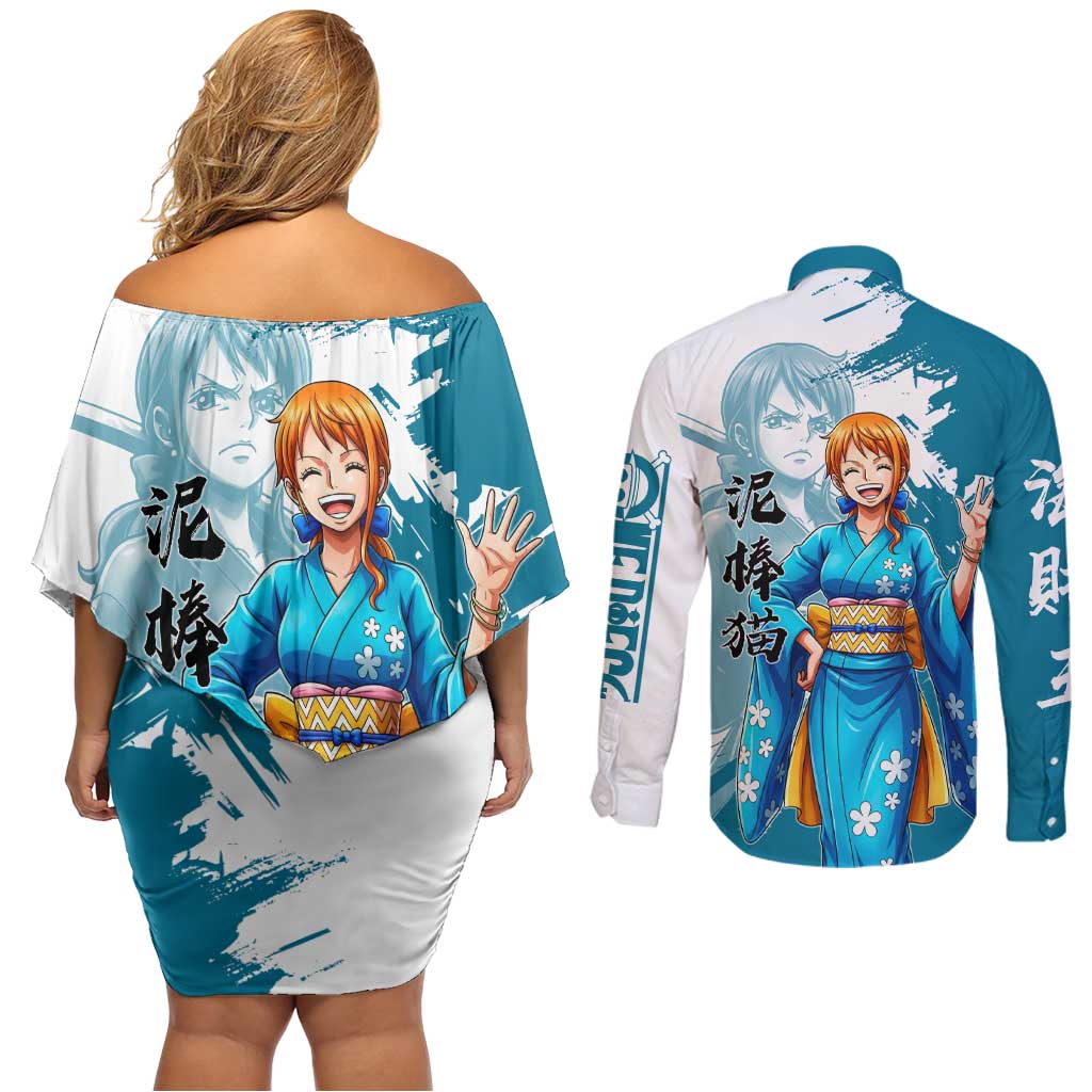 Wano Navigator Nami Couples Matching Off Shoulder Short Dress and Long Sleeve Button Shirt Floral Kimono Anime Brush Art