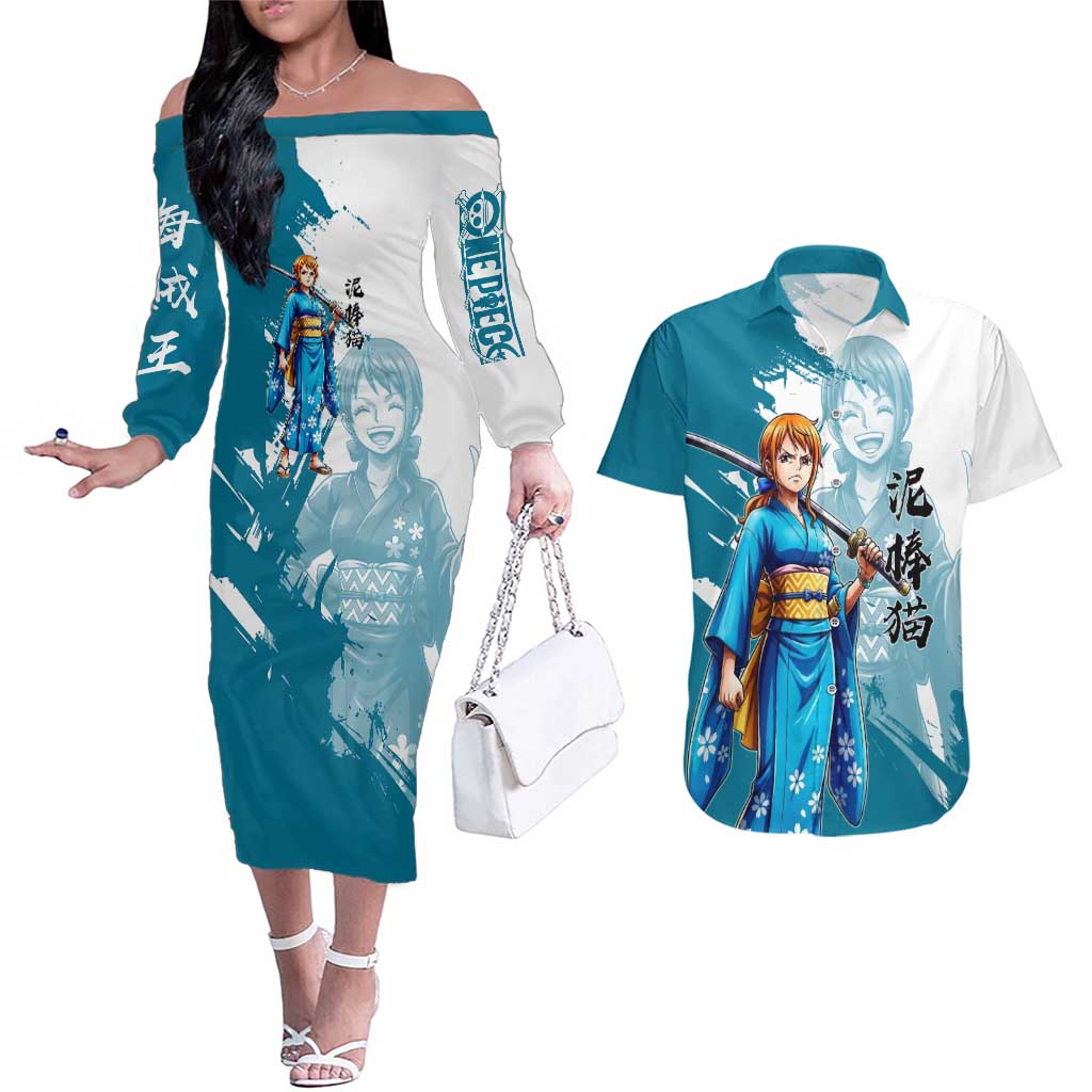 Wano Navigator Nami Couples Matching Off The Shoulder Long Sleeve Dress and Hawaiian Shirt Floral Kimono Anime Brush Art