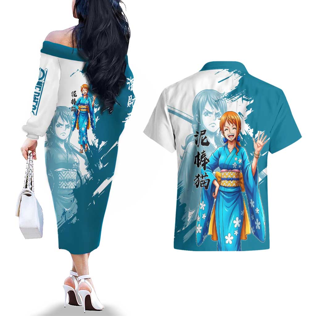 Wano Navigator Nami Couples Matching Off The Shoulder Long Sleeve Dress and Hawaiian Shirt Floral Kimono Anime Brush Art