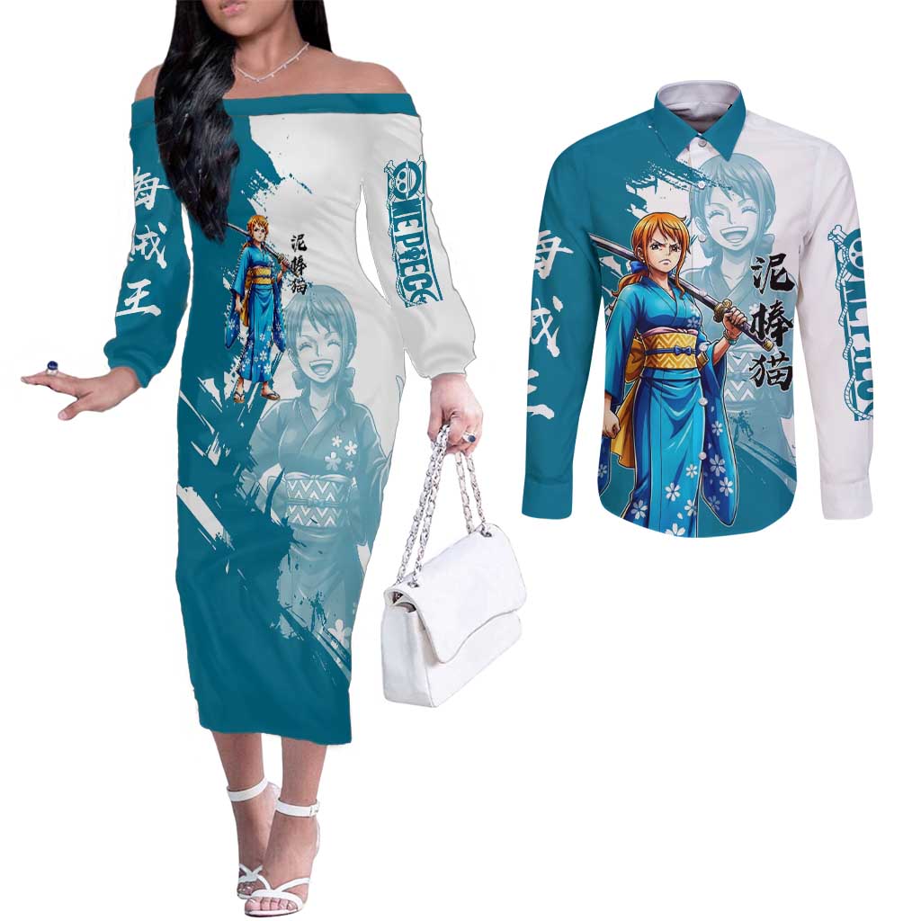 Wano Navigator Nami Couples Matching Off The Shoulder Long Sleeve Dress and Long Sleeve Button Shirt Floral Kimono Anime Brush Art