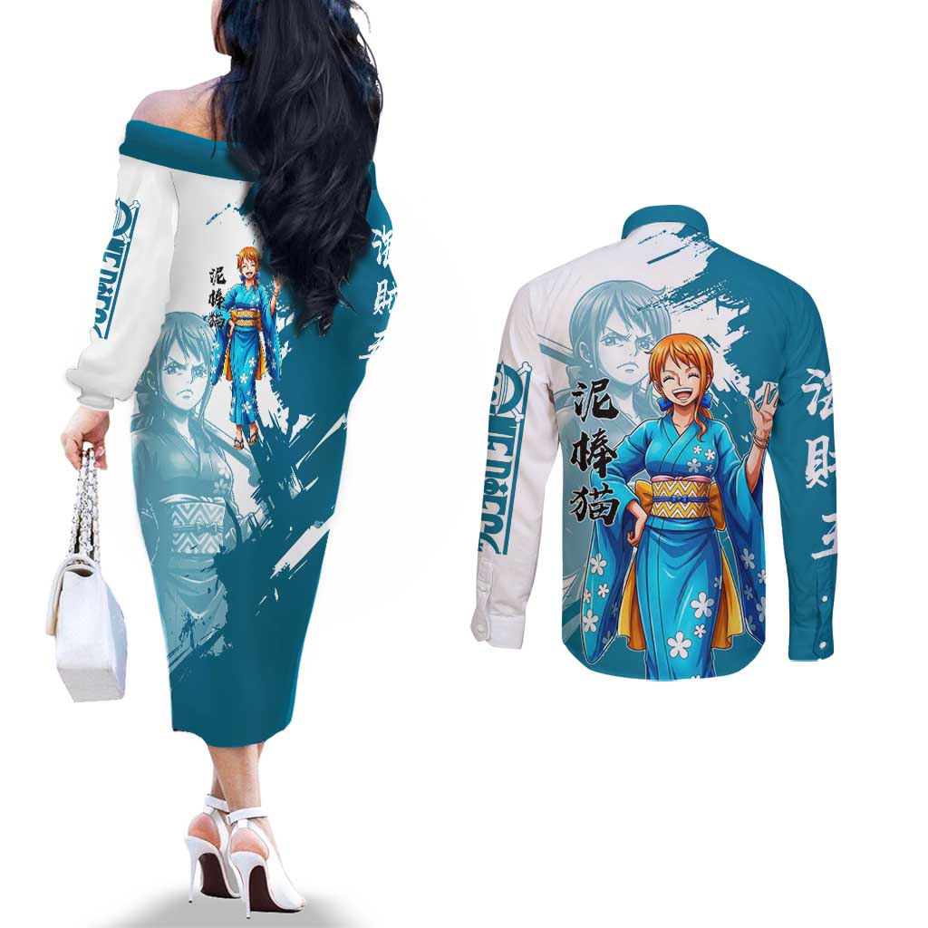 Wano Navigator Nami Couples Matching Off The Shoulder Long Sleeve Dress and Long Sleeve Button Shirt Floral Kimono Anime Brush Art