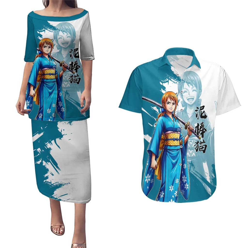 Wano Navigator Nami Couples Matching Puletasi and Hawaiian Shirt Floral Kimono Anime Brush Art