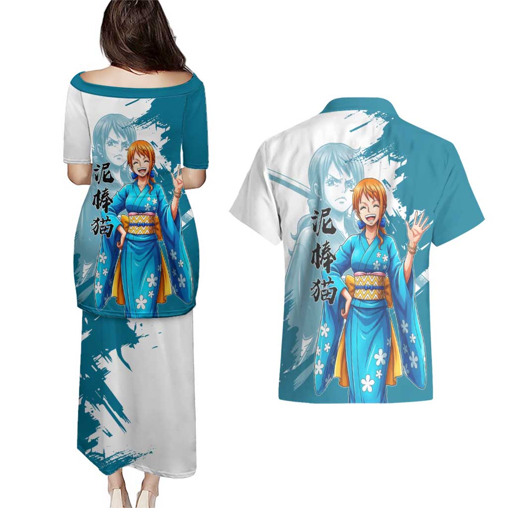 Wano Navigator Nami Couples Matching Puletasi and Hawaiian Shirt Floral Kimono Anime Brush Art