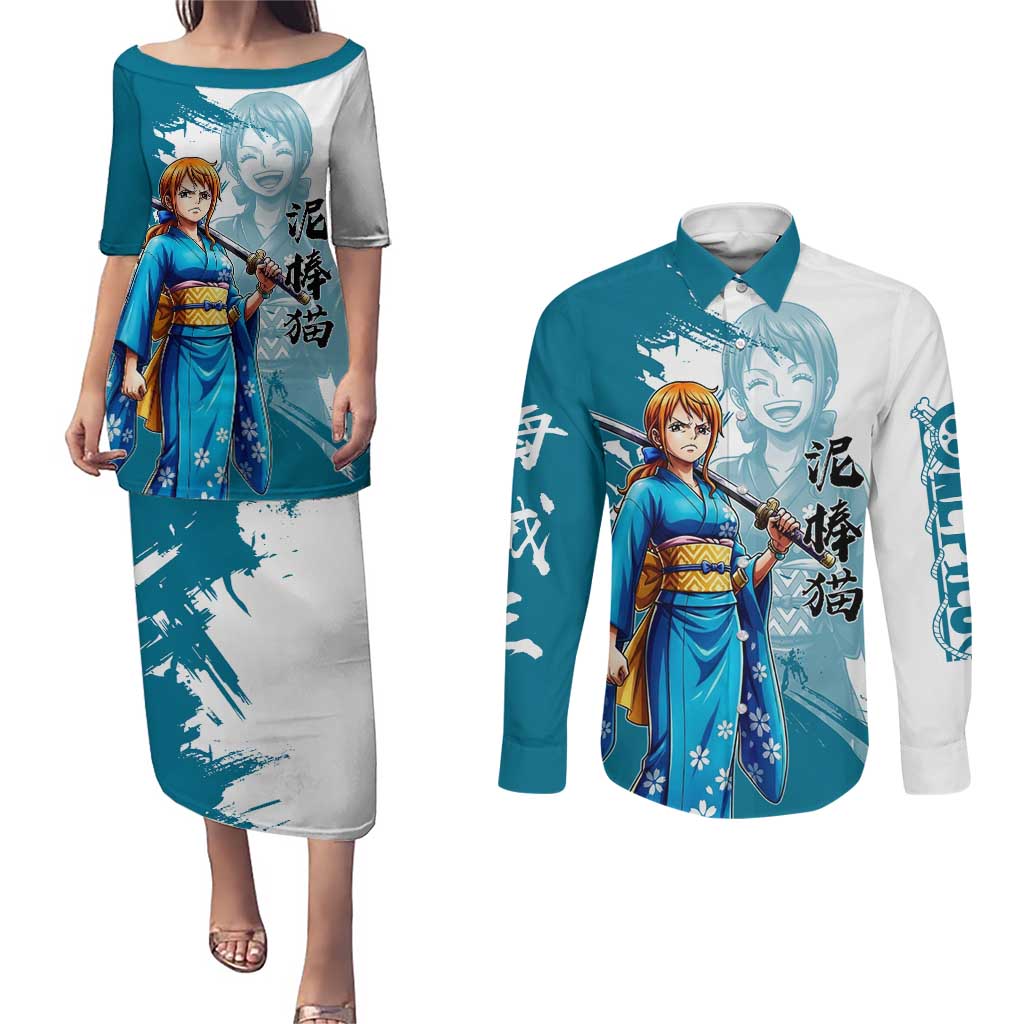 Wano Navigator Nami Couples Matching Puletasi and Long Sleeve Button Shirt Floral Kimono Anime Brush Art