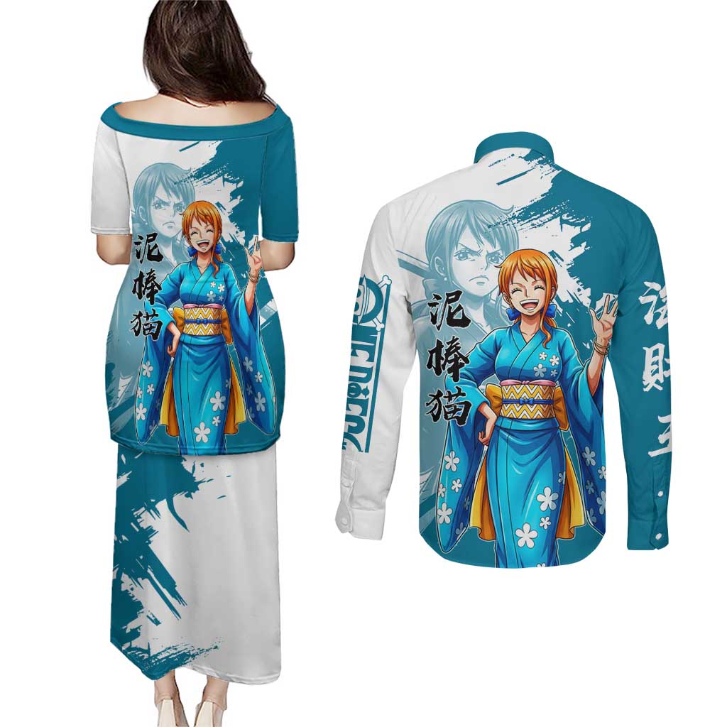 Wano Navigator Nami Couples Matching Puletasi and Long Sleeve Button Shirt Floral Kimono Anime Brush Art
