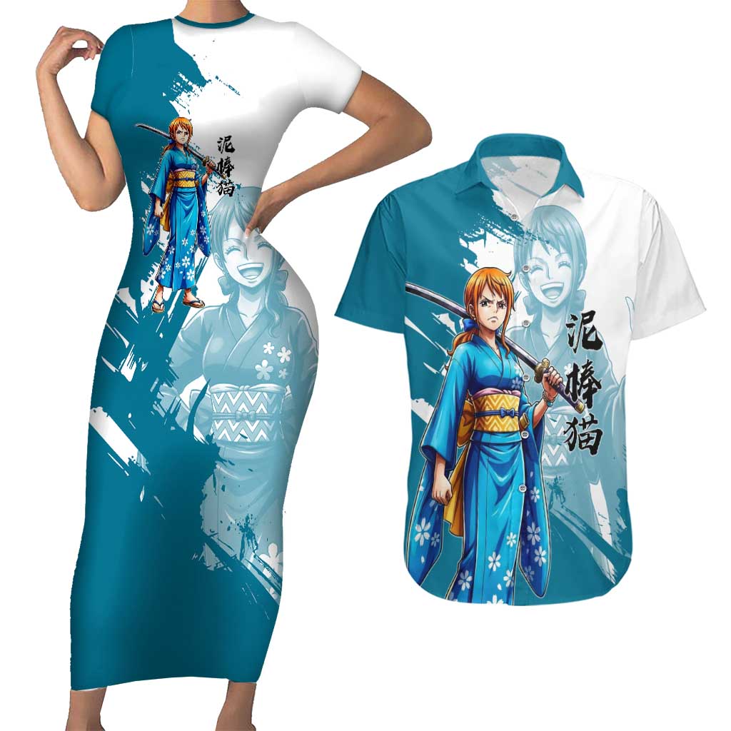 Wano Navigator Nami Couples Matching Short Sleeve Bodycon Dress and Hawaiian Shirt Floral Kimono Anime Brush Art