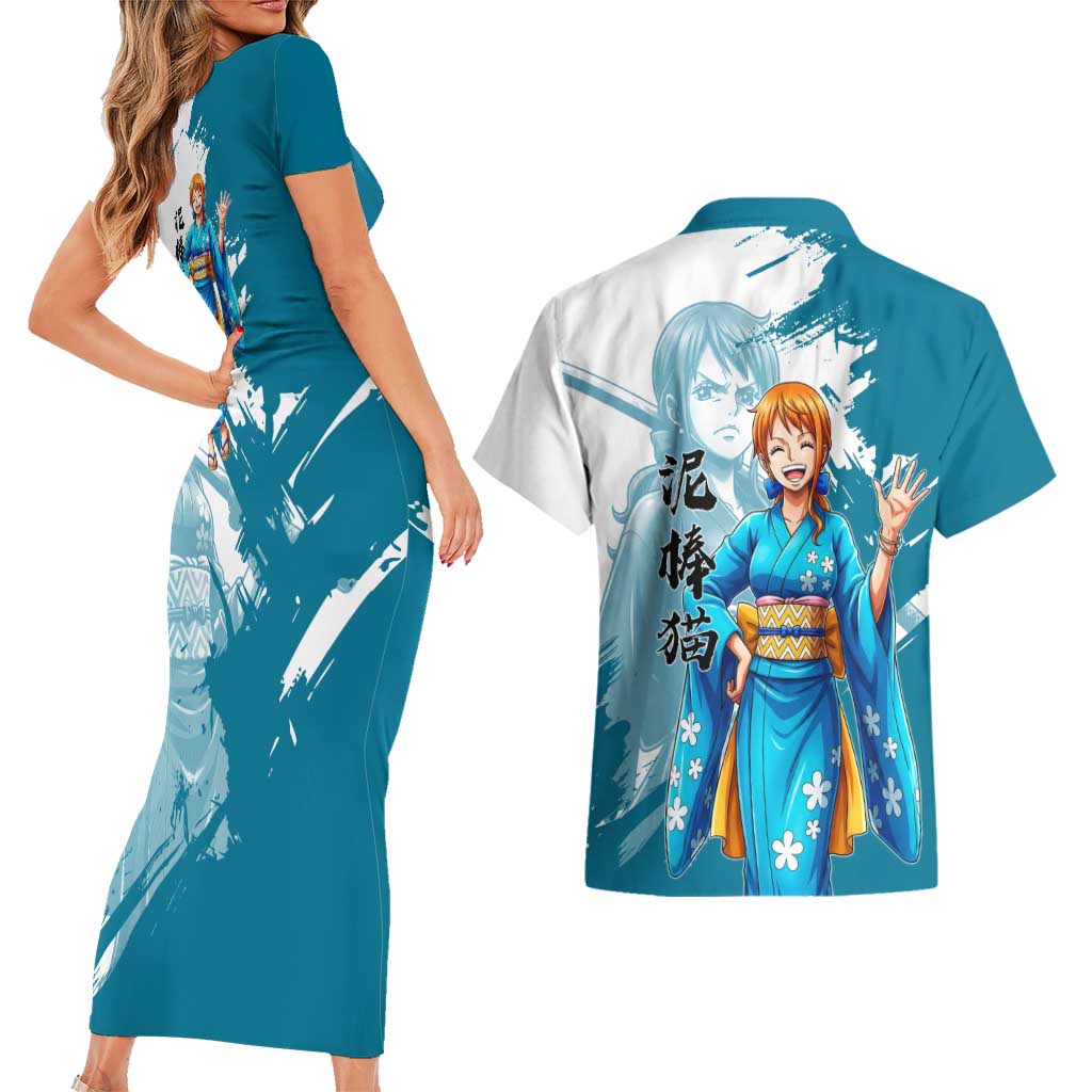 Wano Navigator Nami Couples Matching Short Sleeve Bodycon Dress and Hawaiian Shirt Floral Kimono Anime Brush Art