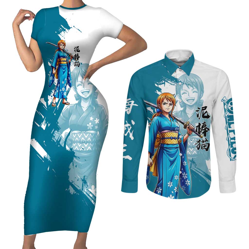 Wano Navigator Nami Couples Matching Short Sleeve Bodycon Dress and Long Sleeve Button Shirt Floral Kimono Anime Brush Art