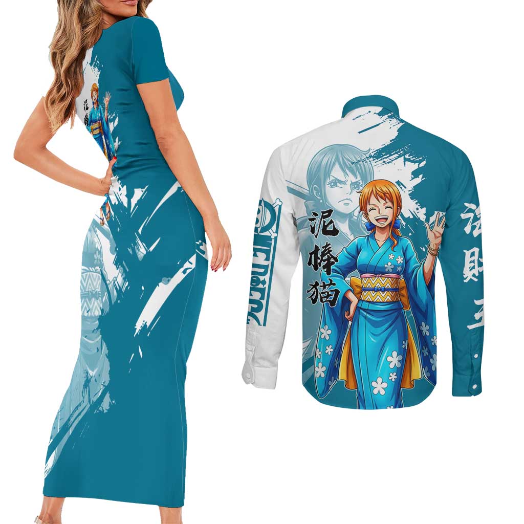Wano Navigator Nami Couples Matching Short Sleeve Bodycon Dress and Long Sleeve Button Shirt Floral Kimono Anime Brush Art