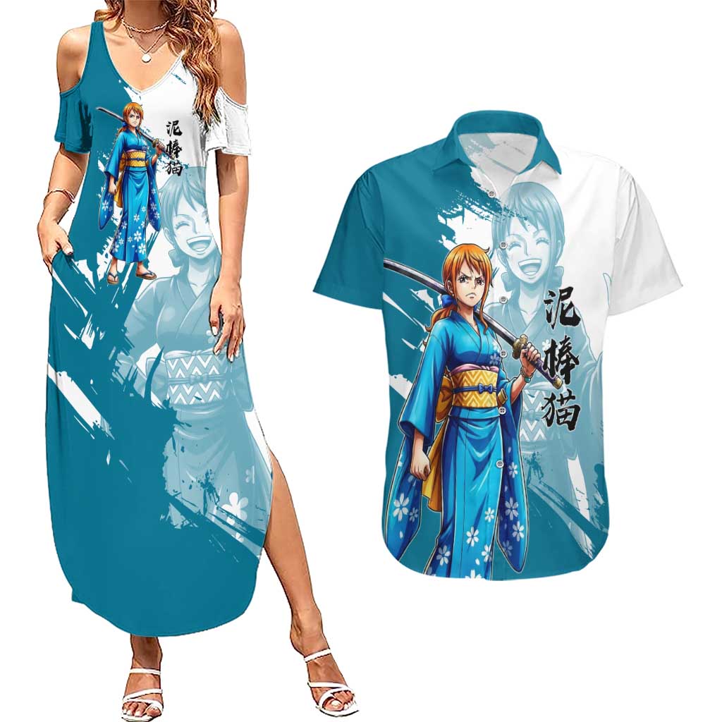 Wano Navigator Nami Couples Matching Summer Maxi Dress and Hawaiian Shirt Floral Kimono Anime Brush Art