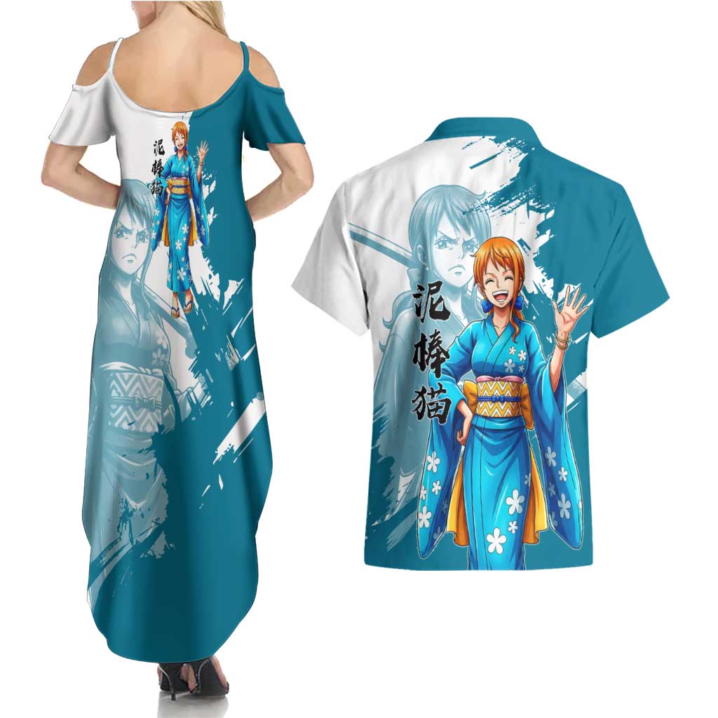 Wano Navigator Nami Couples Matching Summer Maxi Dress and Hawaiian Shirt Floral Kimono Anime Brush Art