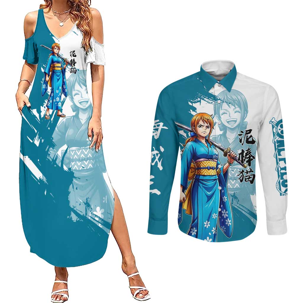 Wano Navigator Nami Couples Matching Summer Maxi Dress and Long Sleeve Button Shirt Floral Kimono Anime Brush Art