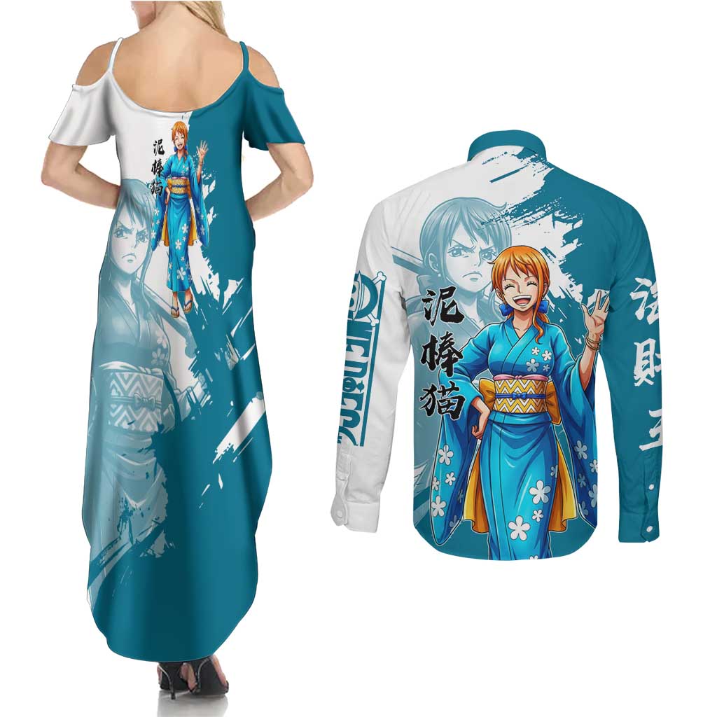 Wano Navigator Nami Couples Matching Summer Maxi Dress and Long Sleeve Button Shirt Floral Kimono Anime Brush Art