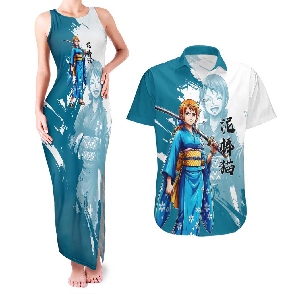 Wano Navigator Nami Couples Matching Tank Maxi Dress and Hawaiian Shirt Floral Kimono Anime Brush Art