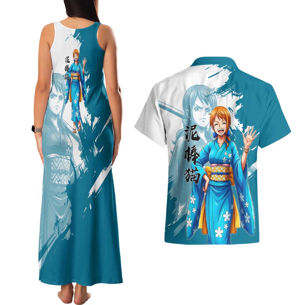 Wano Navigator Nami Couples Matching Tank Maxi Dress and Hawaiian Shirt Floral Kimono Anime Brush Art