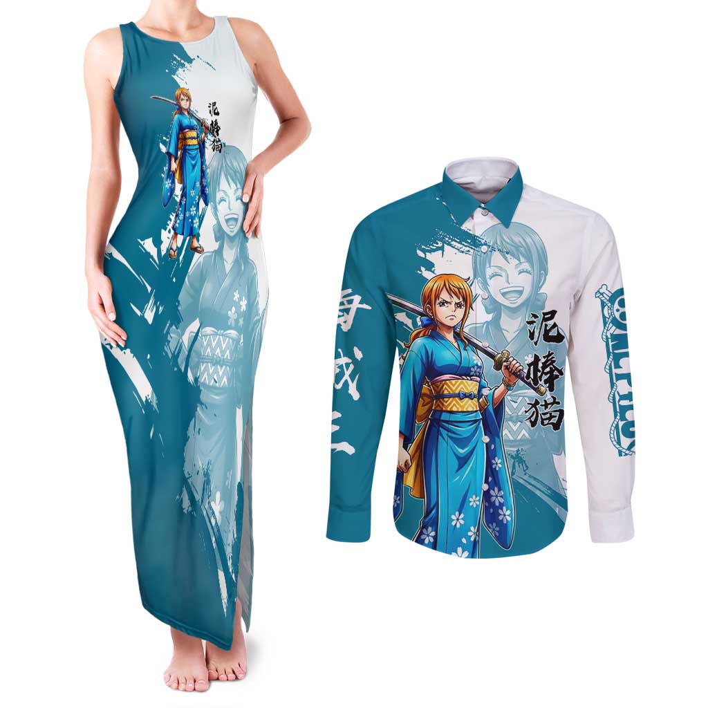 Wano Navigator Nami Couples Matching Tank Maxi Dress and Long Sleeve Button Shirt Floral Kimono Anime Brush Art