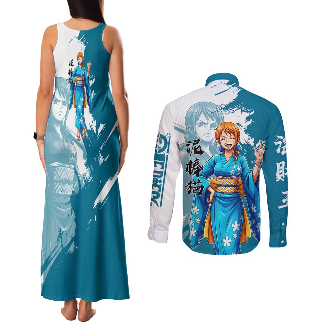 Wano Navigator Nami Couples Matching Tank Maxi Dress and Long Sleeve Button Shirt Floral Kimono Anime Brush Art