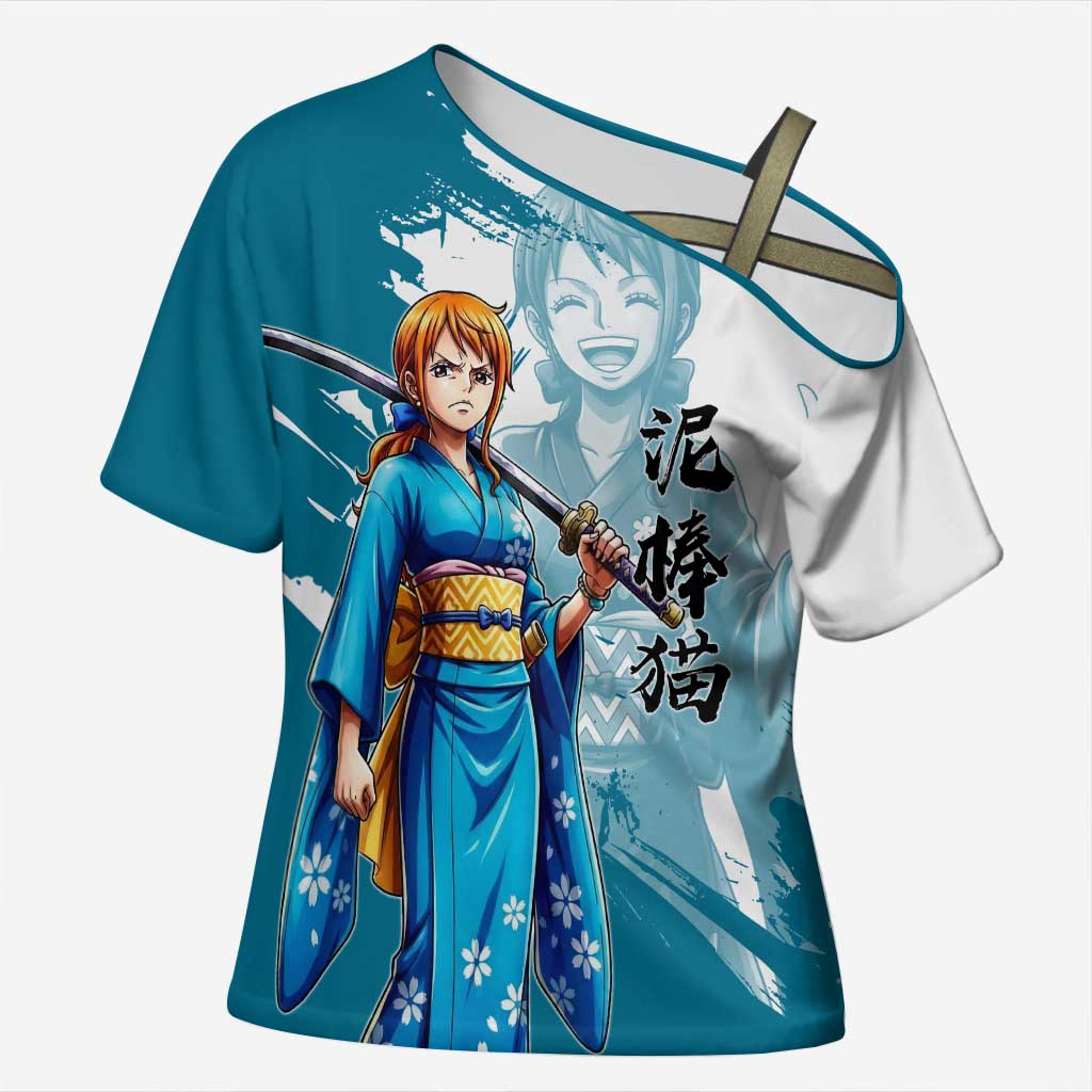 Wano Navigator Nami Cross Shoulder Shirt Floral Kimono Anime Brush Art