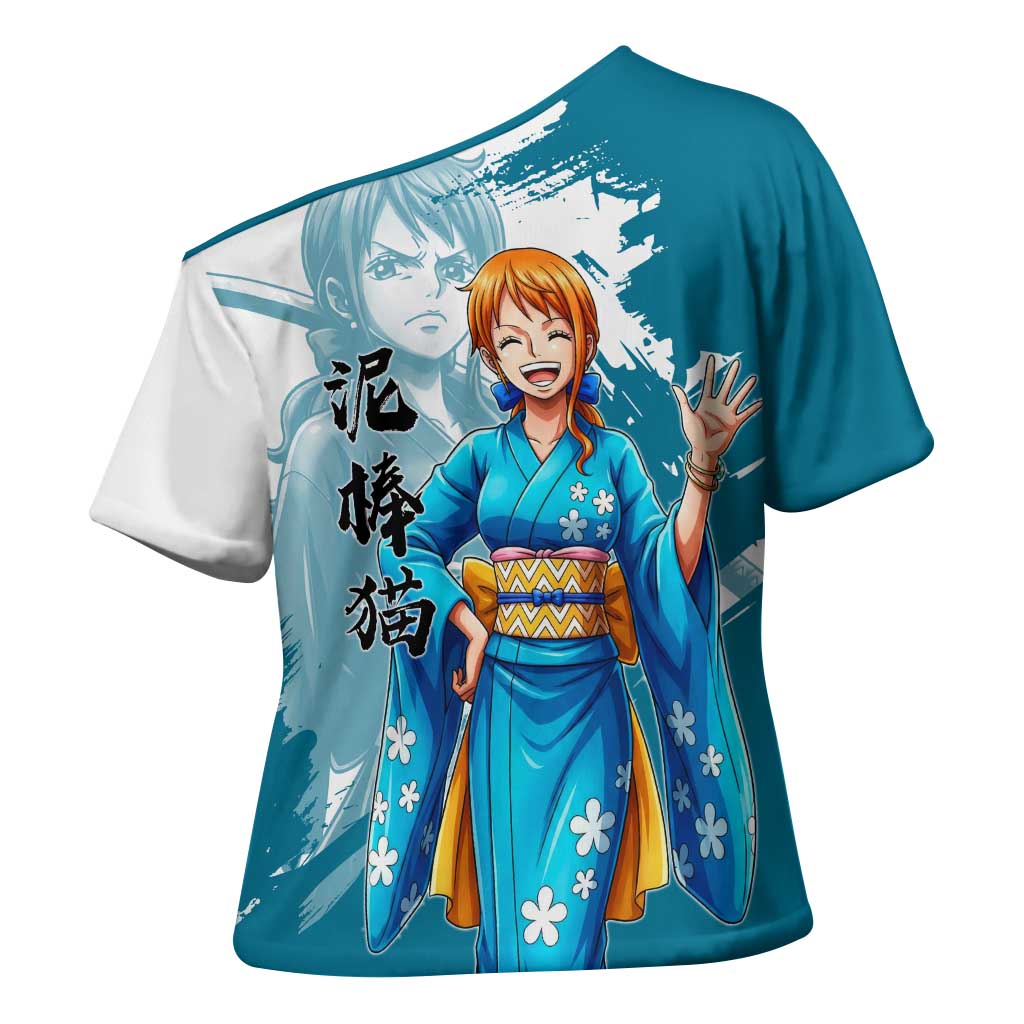 Wano Navigator Nami Cross Shoulder Shirt Floral Kimono Anime Brush Art