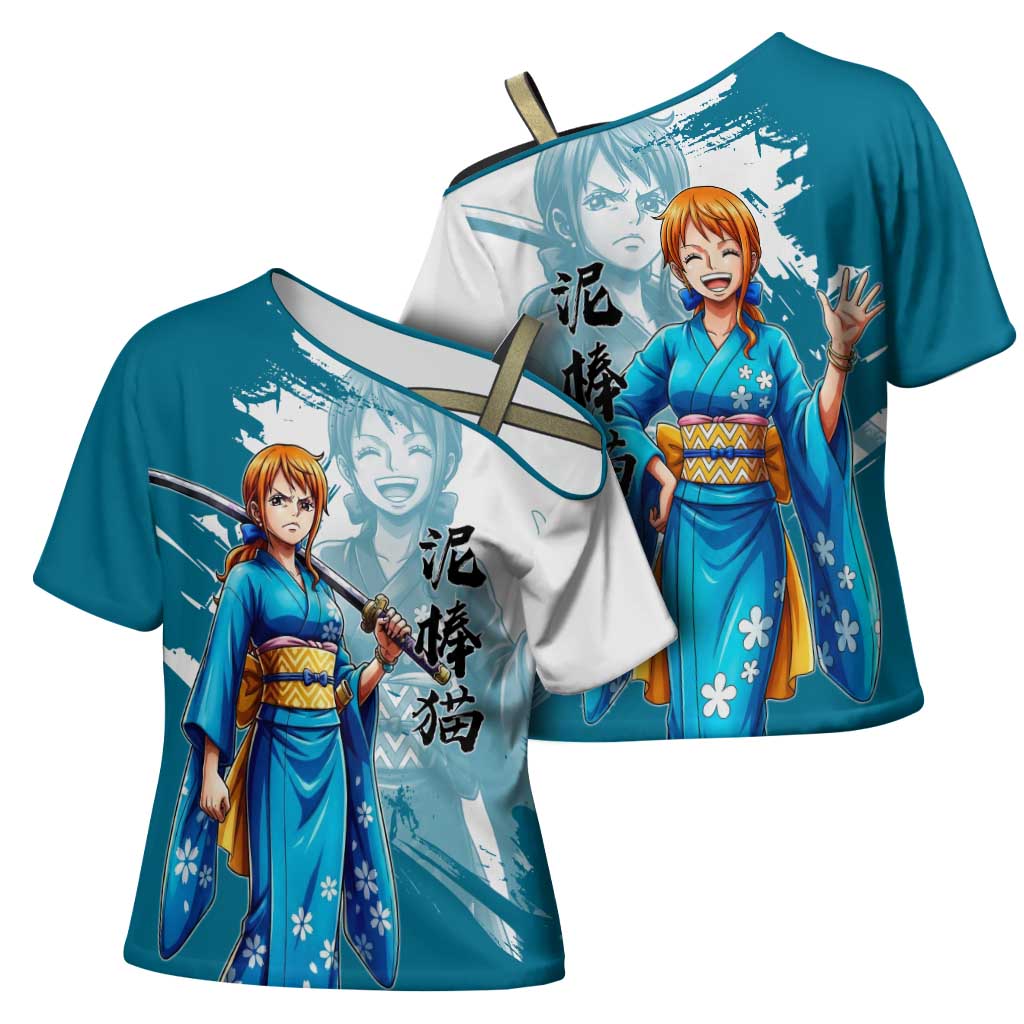 Wano Navigator Nami Cross Shoulder Shirt Floral Kimono Anime Brush Art