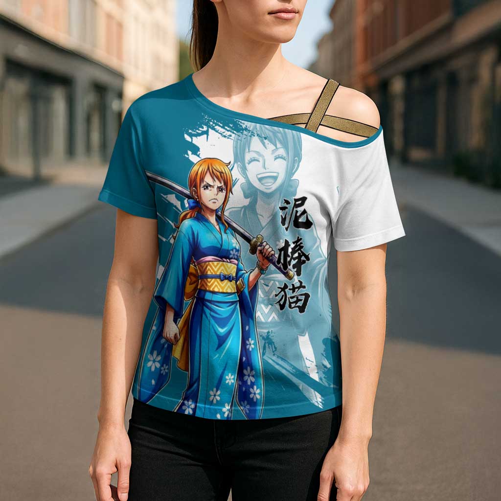 Wano Navigator Nami Cross Shoulder Shirt Floral Kimono Anime Brush Art